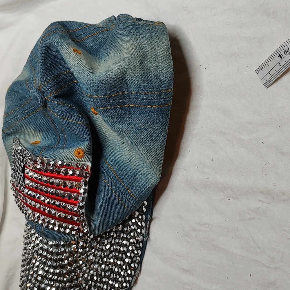 Bling American Flag Denim Distressed Jean Cap USA Hat - Picture 6 of 11